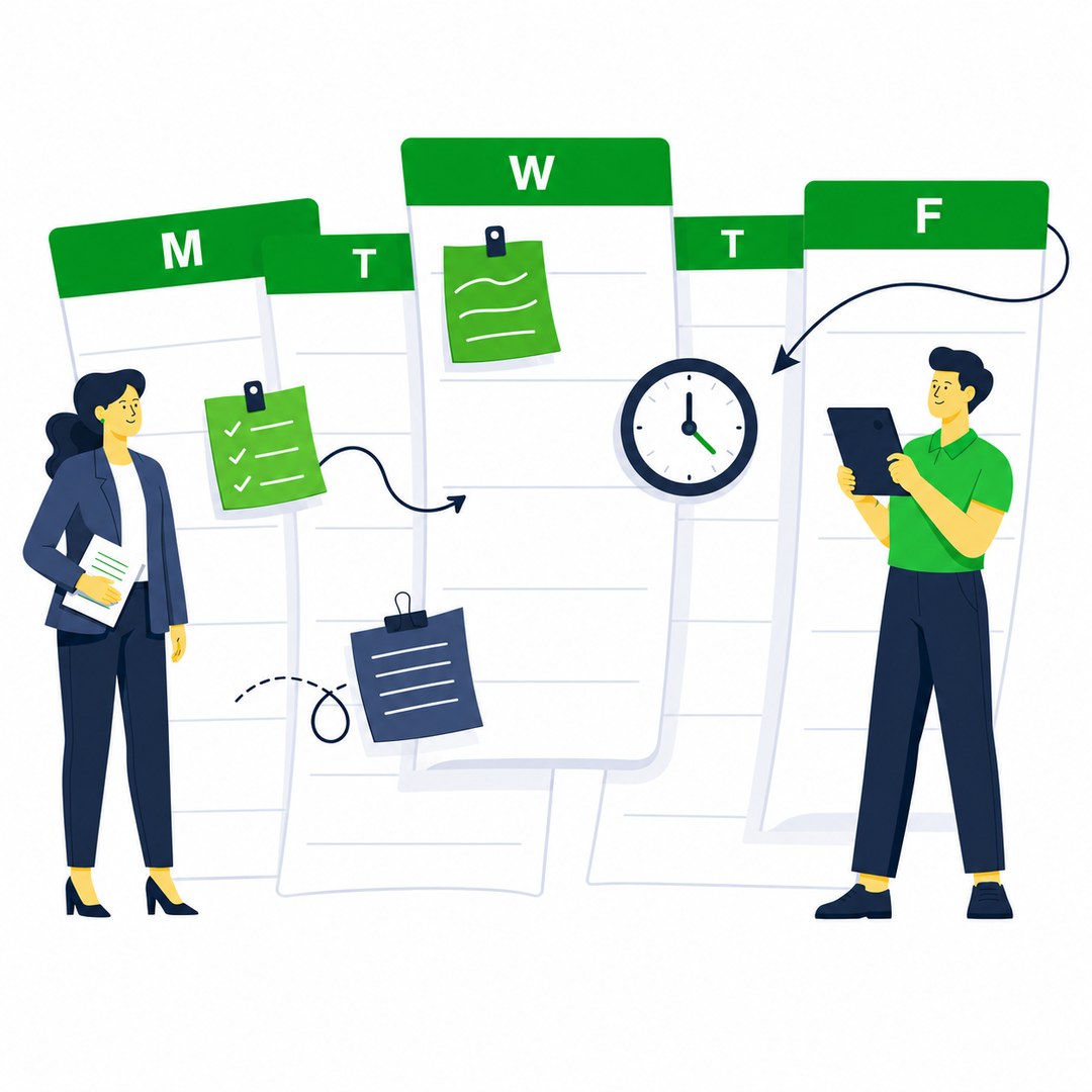 Two workers with weekly calendar planning